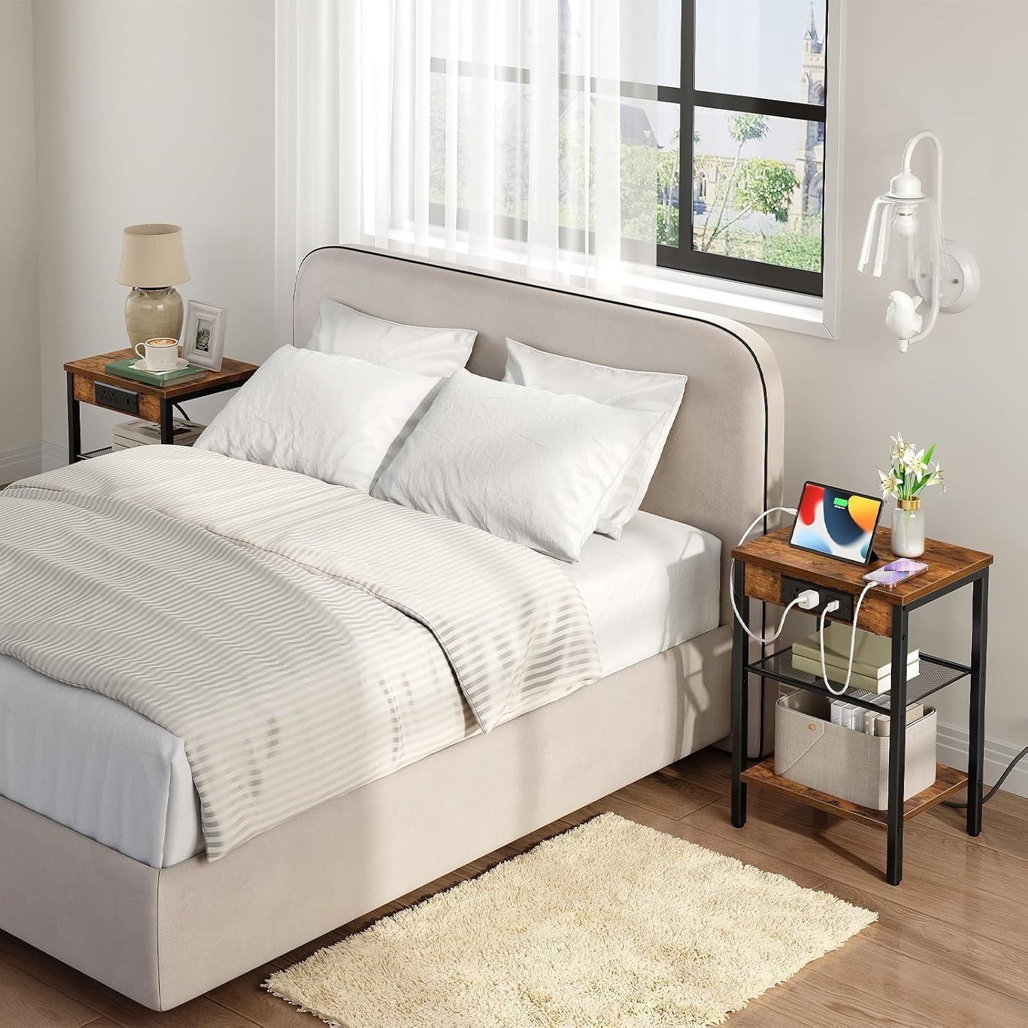Side Table with Charging Station and USB Port, Small End Table for Small Space