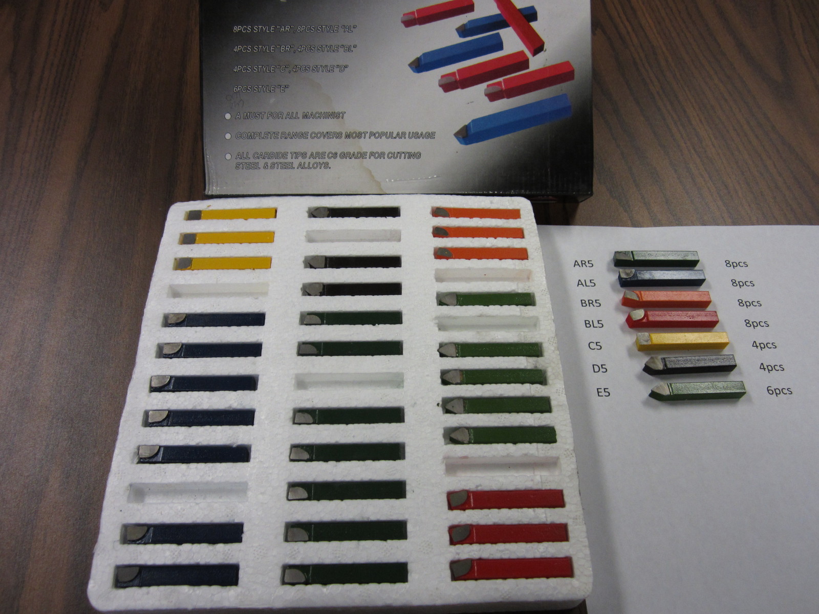 5/16" carbide tipped brazed tool bits,38pcs/set,AR5,AL5,BR5,BL5,C5,D5,E5---new