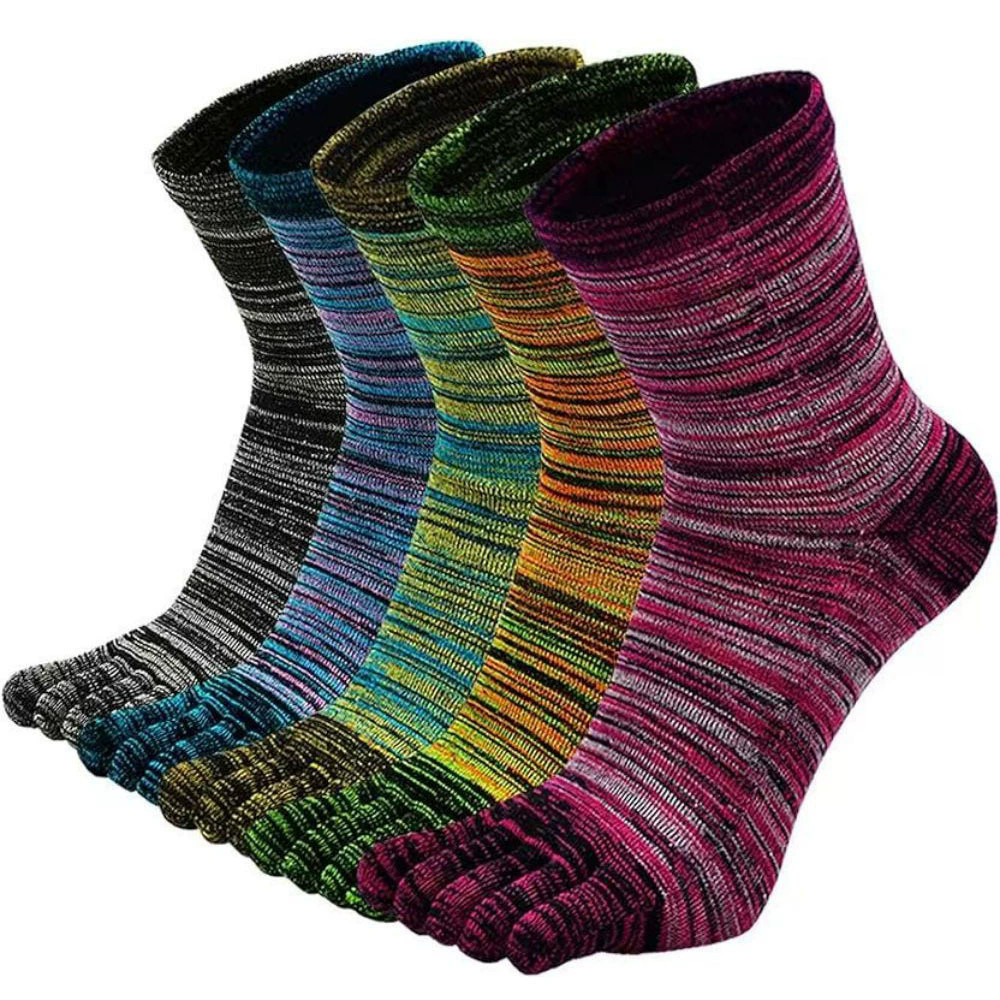 5Pack Men Crew Five Finger Toe Striped Design Solid Sport Calf Cotton Work Socks