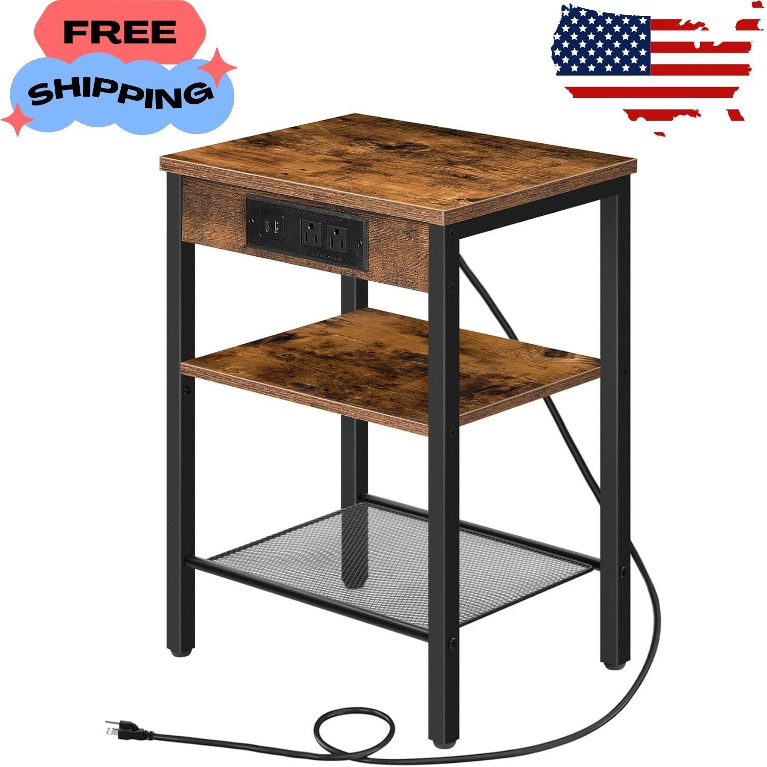 Side Table with Charging Station and USB Port, Small End Table for Small Space