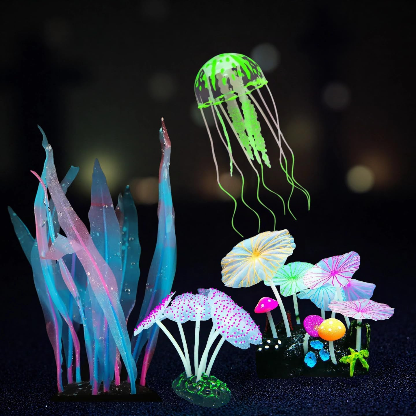4-Pack Silicone Fluorescent Aquarium Plants & Decor - Realistic Jellyfish, Mushr