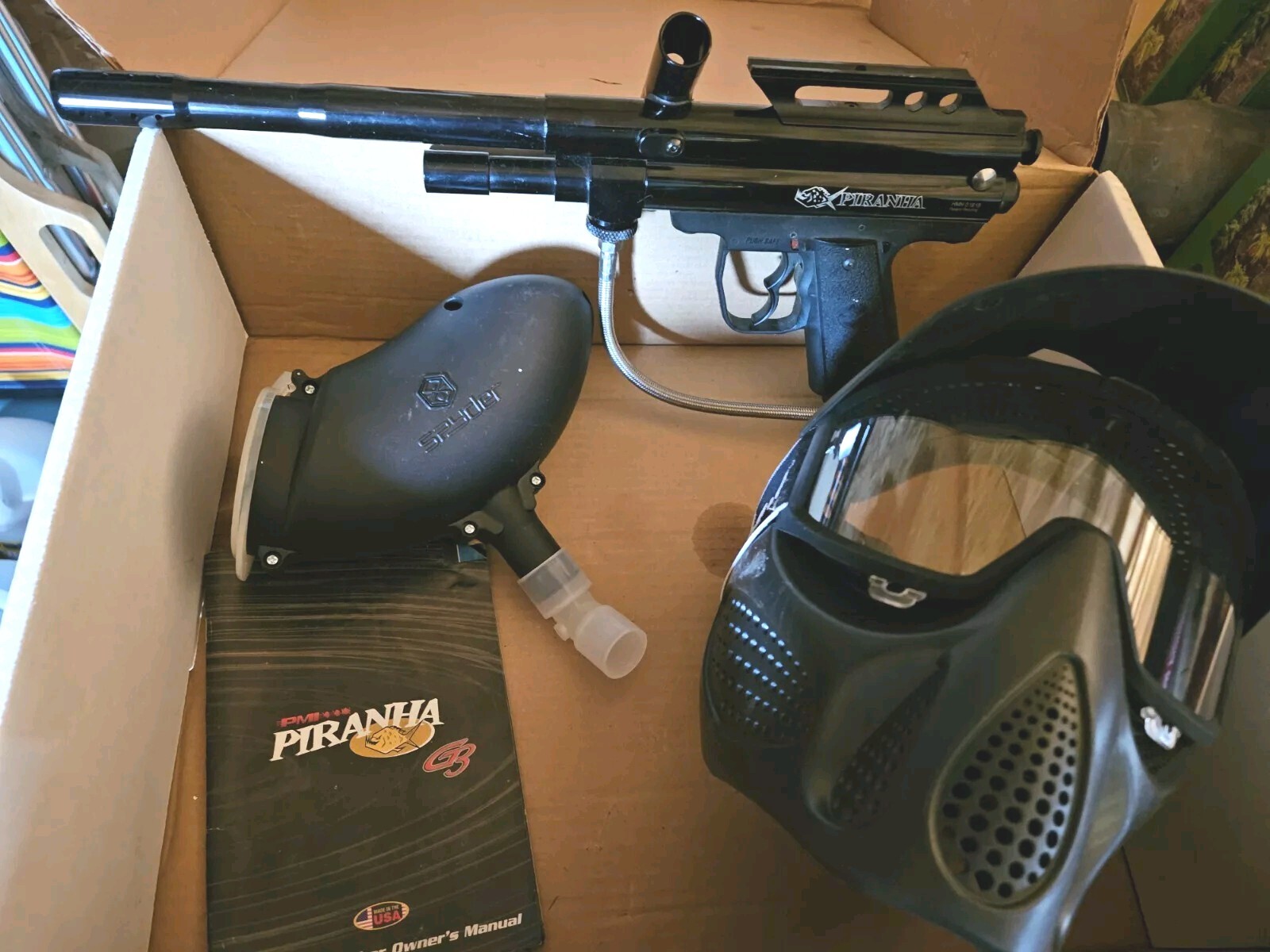 IOB Piranha Black Bottomline Paintball Gun Spyder Barrel Feeder Manual Nice Mask