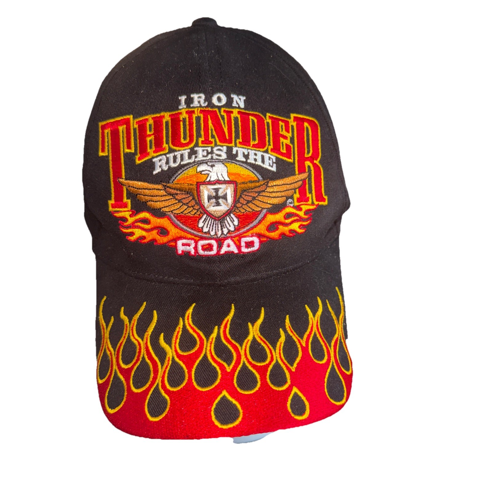 Iron Thunder Rules the Road w Eagle and Flame on Black Hat Cap Cotton Hook Loop