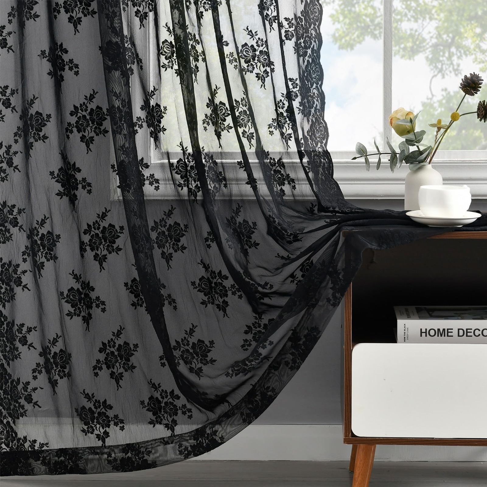Kotile Black Lace Curtains 84 Inches Long 2 Panels, Country Rustic Floral Got...