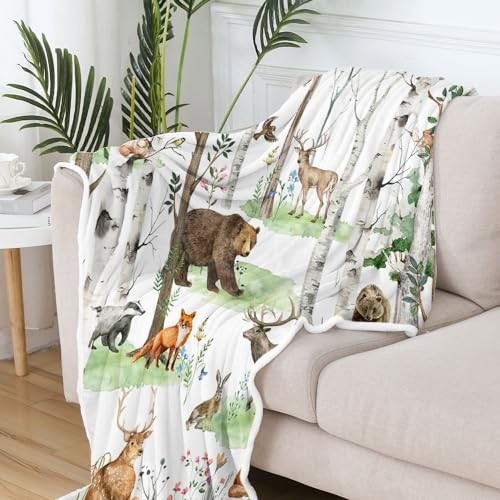 Rustic Forest Throw Blanket, Country Wild Animal Bear Deer 50" x 60" White