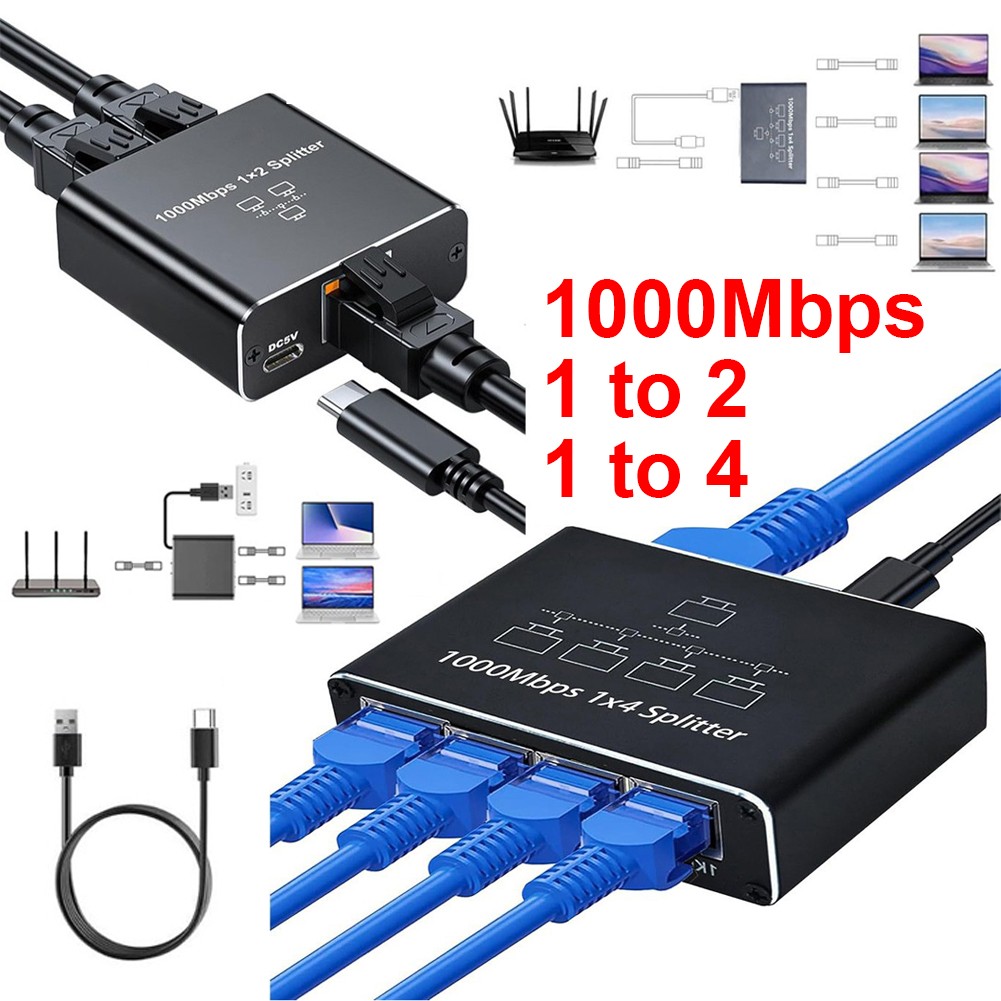 RJ45 Gigabit Ethernet Splitter 1000Mbps LAN Network Internet 1 to 4 Out Adapter