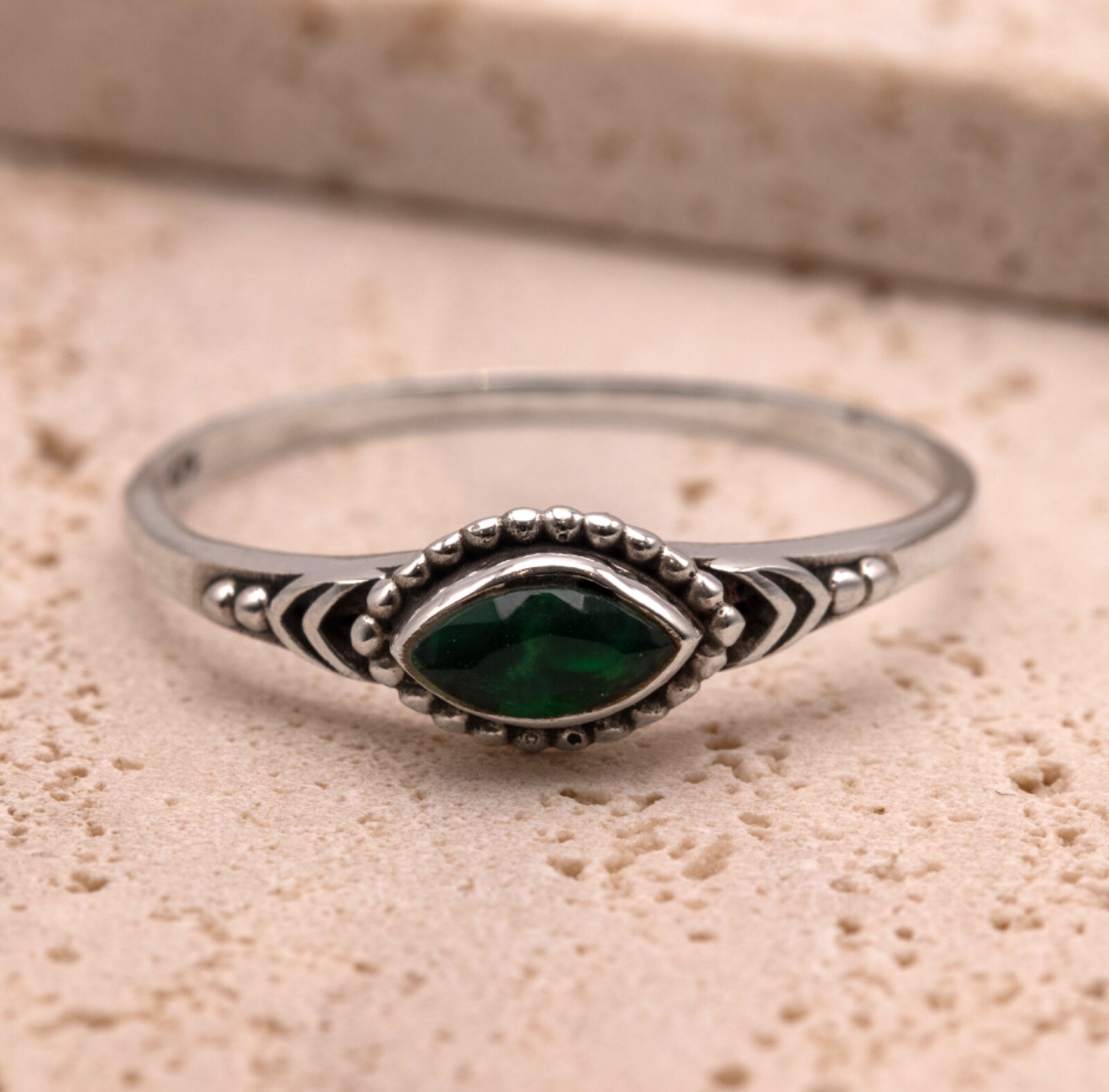 925 Sterling Silver Ladies Boho Ring Marquise Emerald Gemstone Jewellery Gift