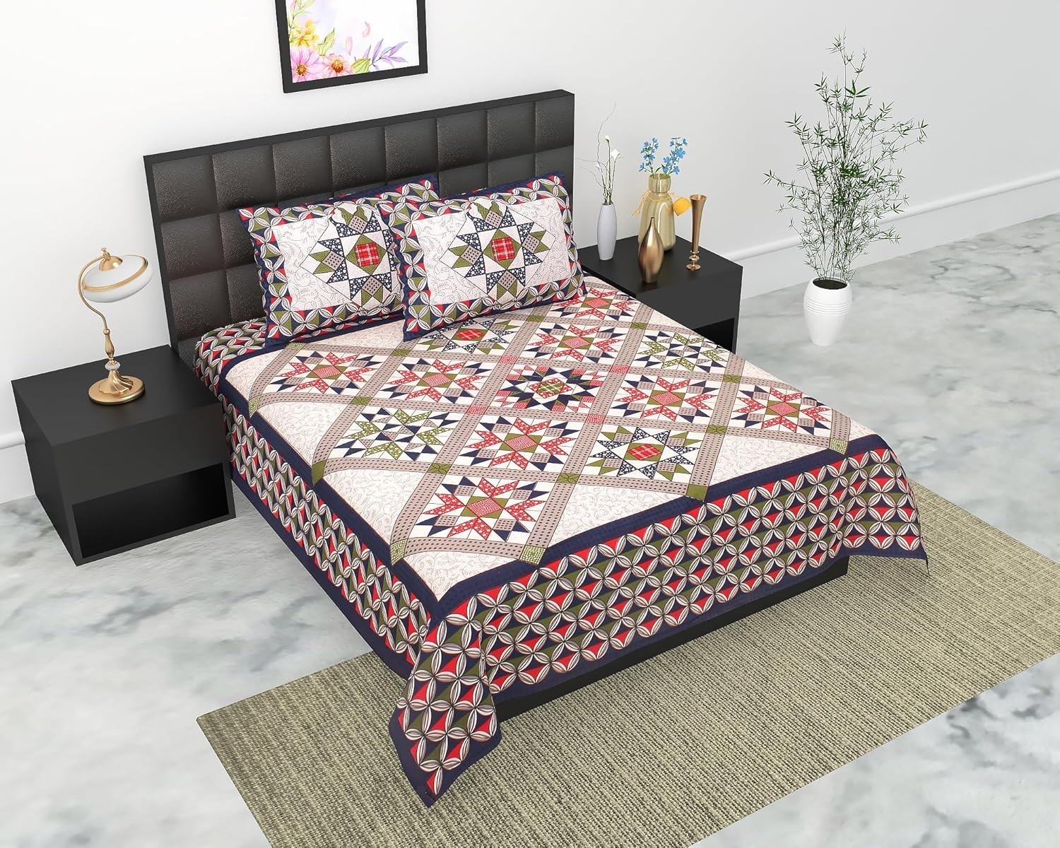 Traditional Jaipuri Bedsheet for Double Bed with 2 Pillow Covers IB 145