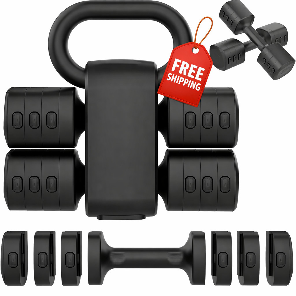 2-in-1 Adjustable Dumbbells Set w/ Kettlebell 4 Weight Levels Home Gym Fitness F