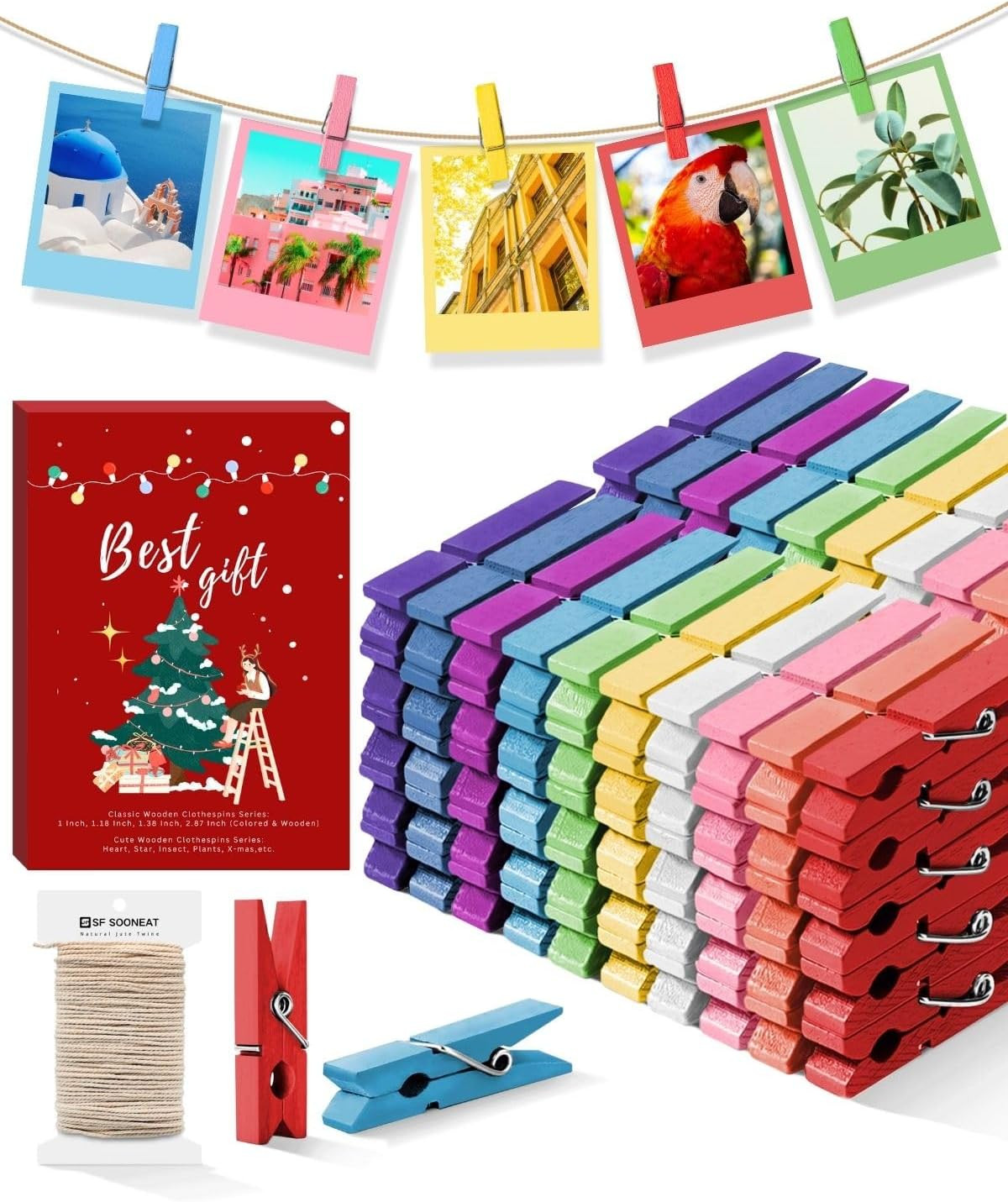 100 Pack Mini Wooden Clothespins Rainbow Photo Clips With 32 Ft String Crafts