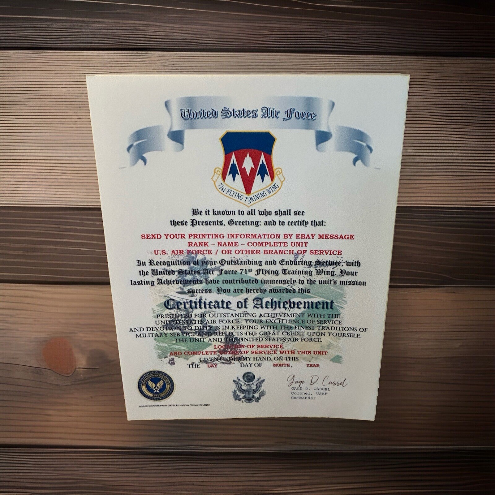 U.S.A.F. / AIR FORCE 71ST FLYING TRAINING WING - CERTIFICATE OF ACHIEVEMENT