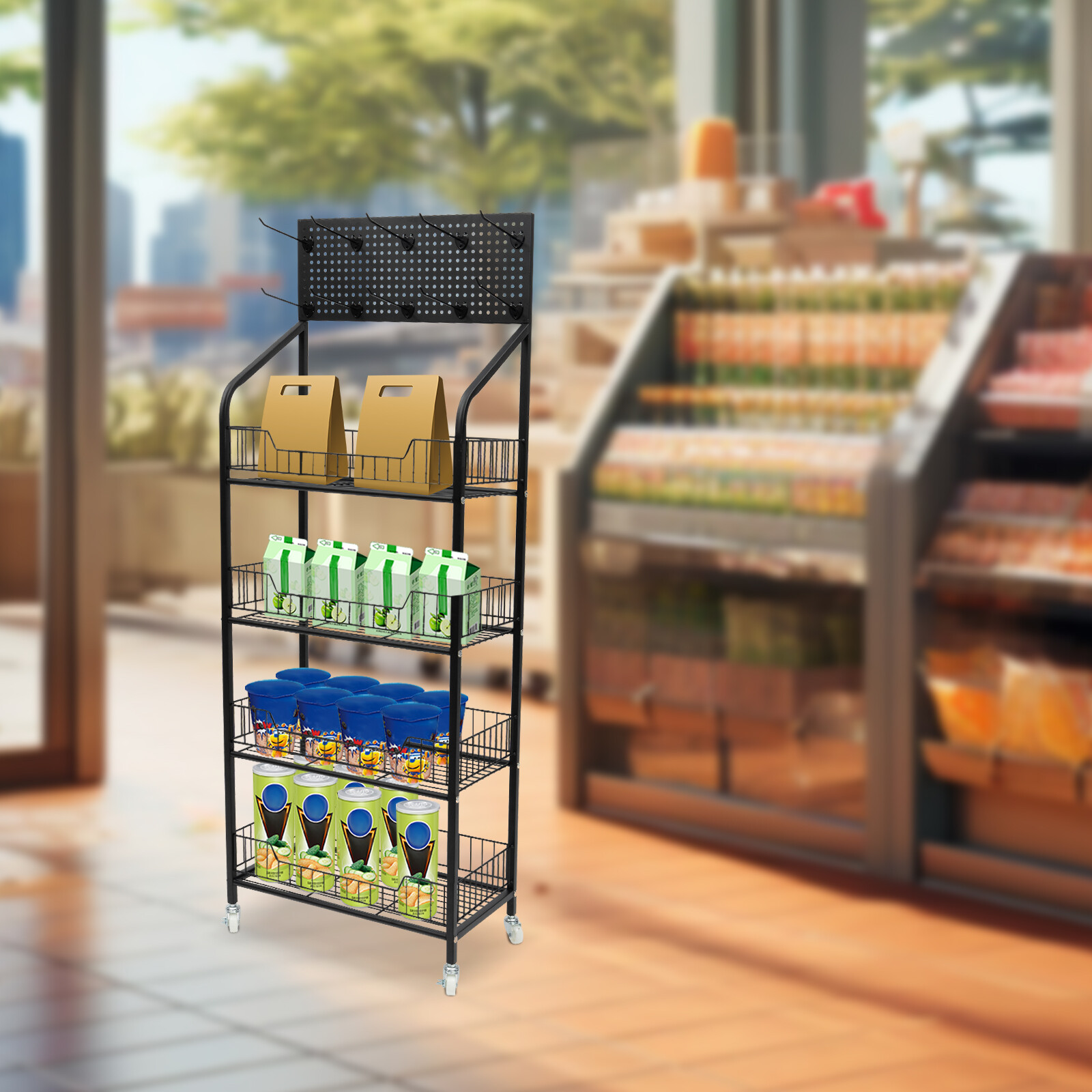 4 Tier Retail Display Rack Snack Candy Display Organizer Stand With 10 Hooks