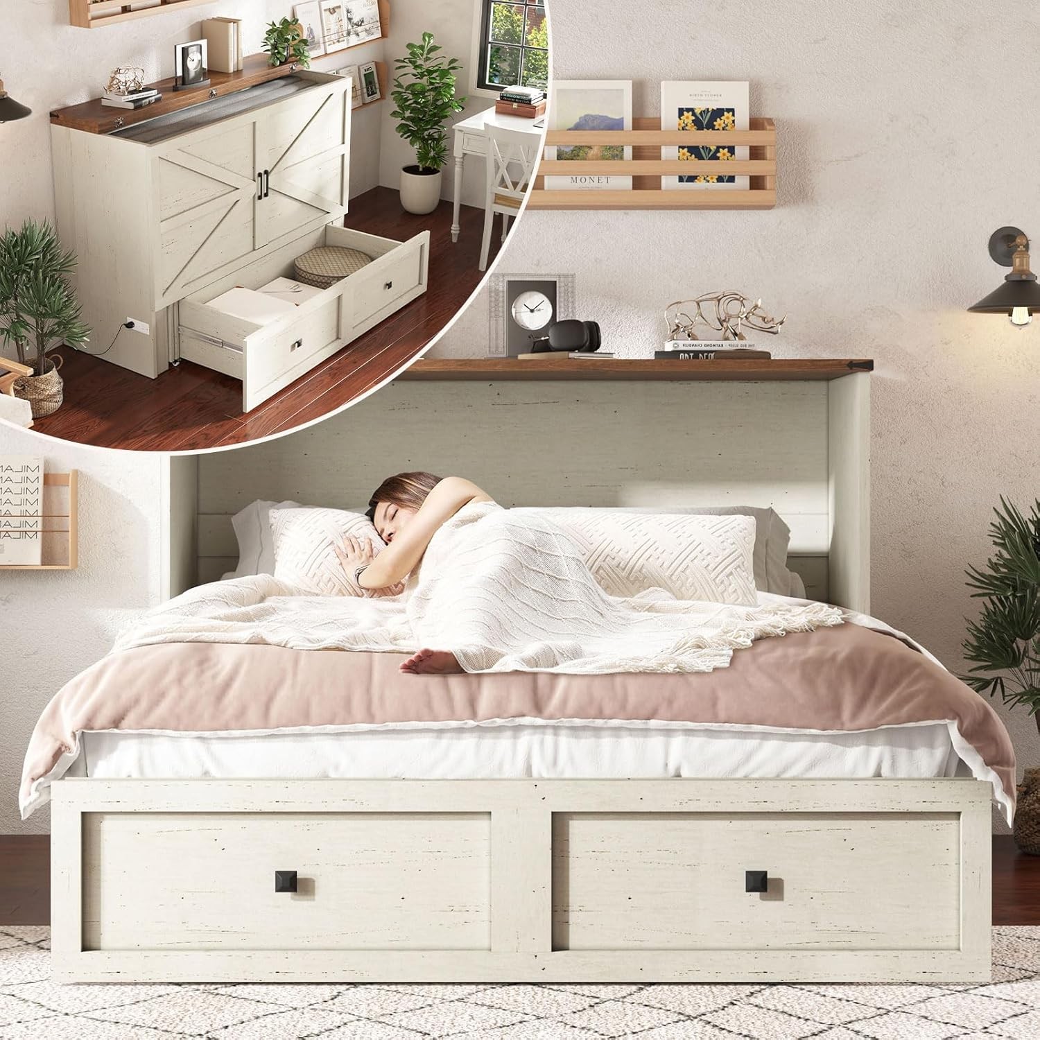 Queen Murphy Bed with Storage & Charging Station, Farmhouse Murphy Cabi