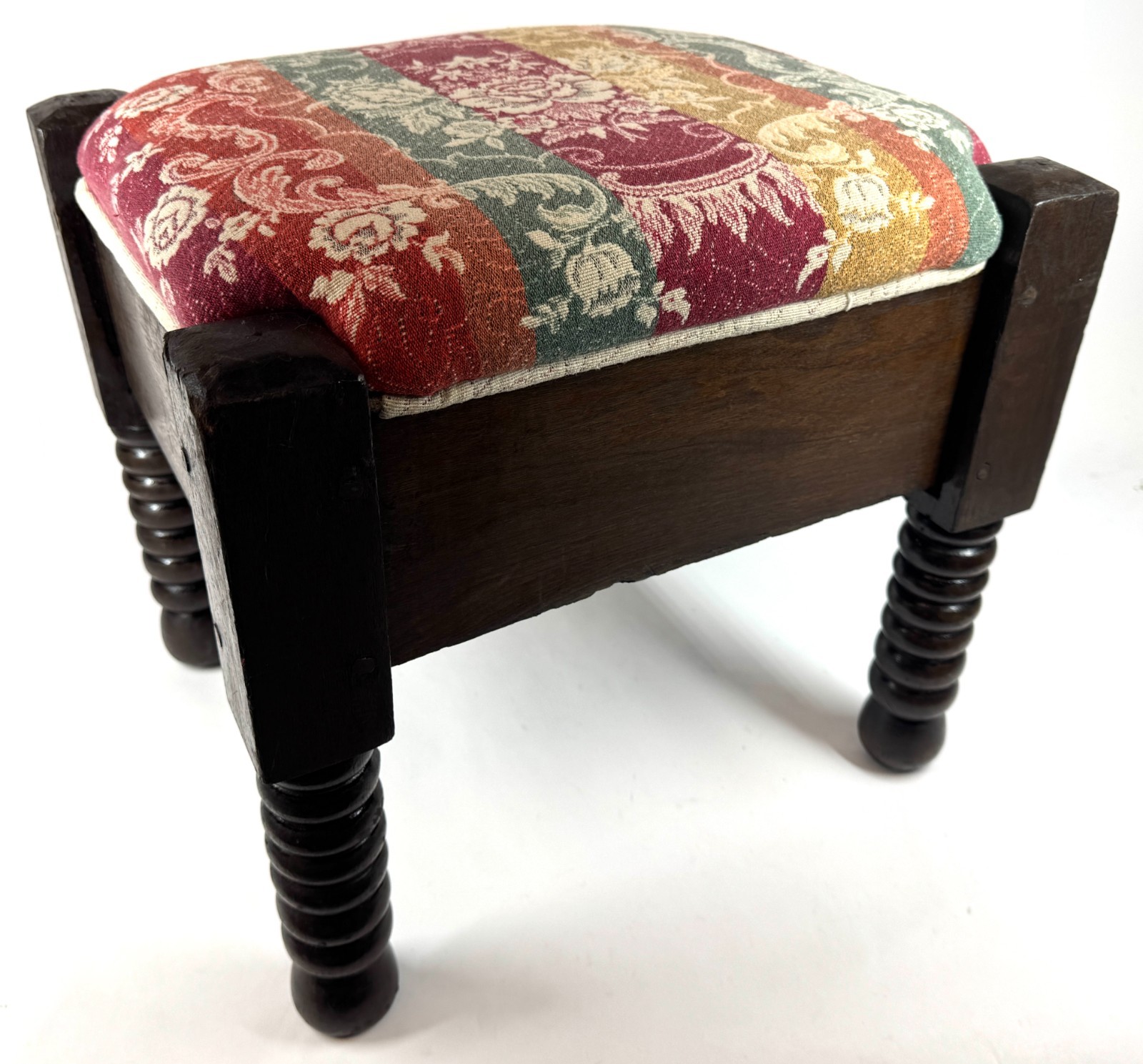 Vintage 16" Retro Arts Crafts Turned Leg Wood Reupholstered Rectangle Footstool
