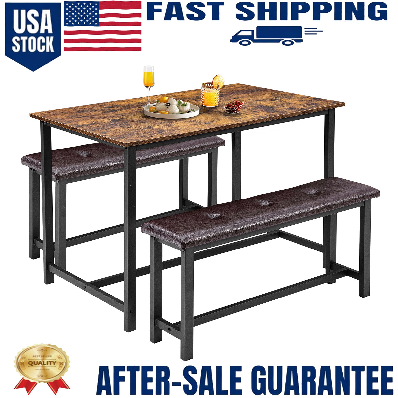 Dining Table Set for 4 with 2 Upholstered Benches, Kitchen Bench Dining Table