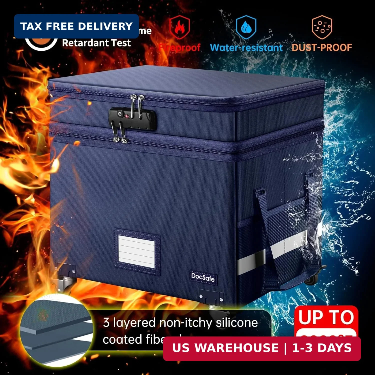 File Box with Lock, 2-Layer Fireproof Document Box with Wheels,Collapsib