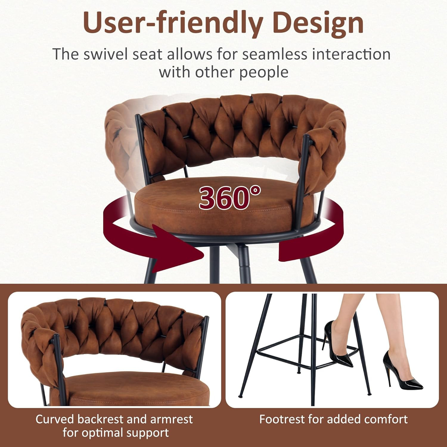 28.7" Swivel Bar Stools Set of 2 with Woven Back - Light Brown
