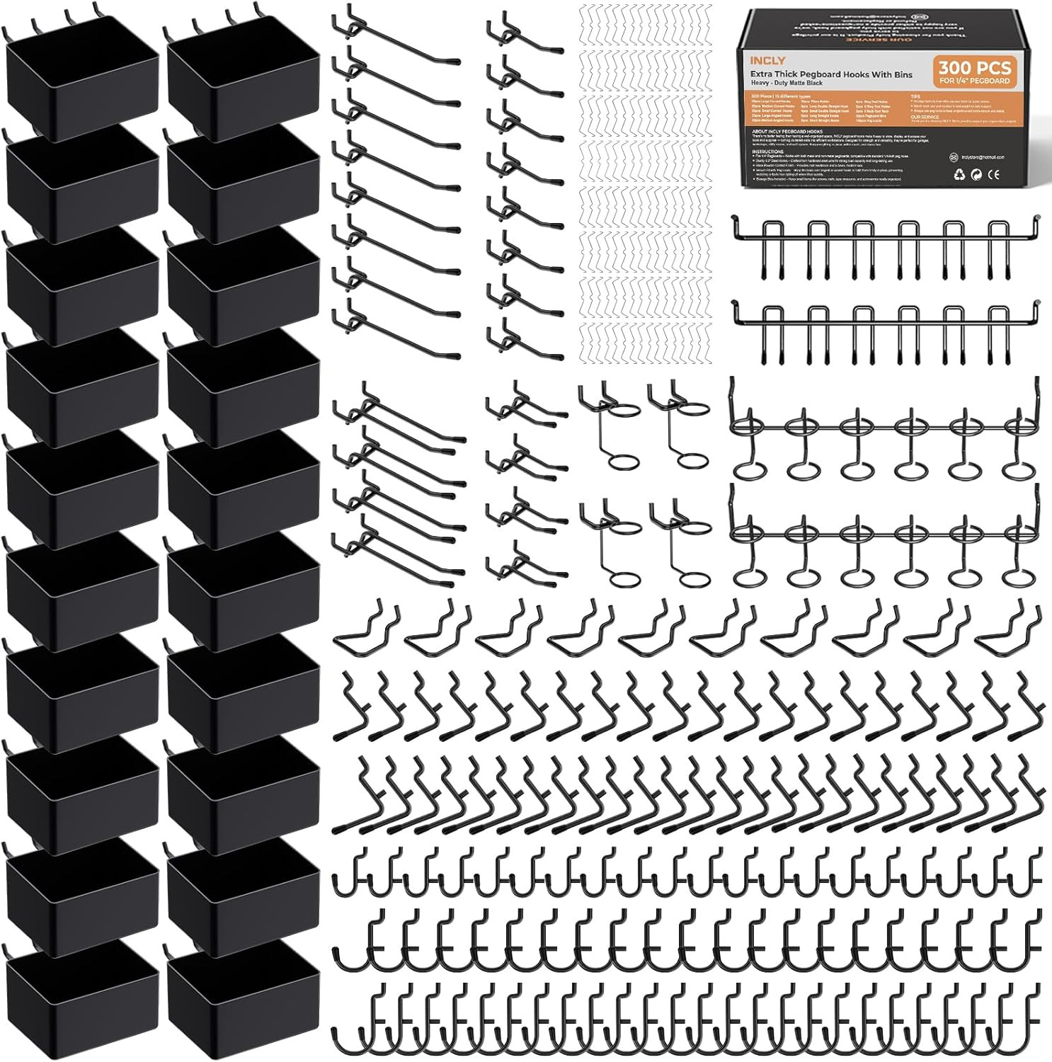 300PCS Extra Thick Pegboard Accessories, 1/4" Heavy Duty Pegboard Hooks with Bin