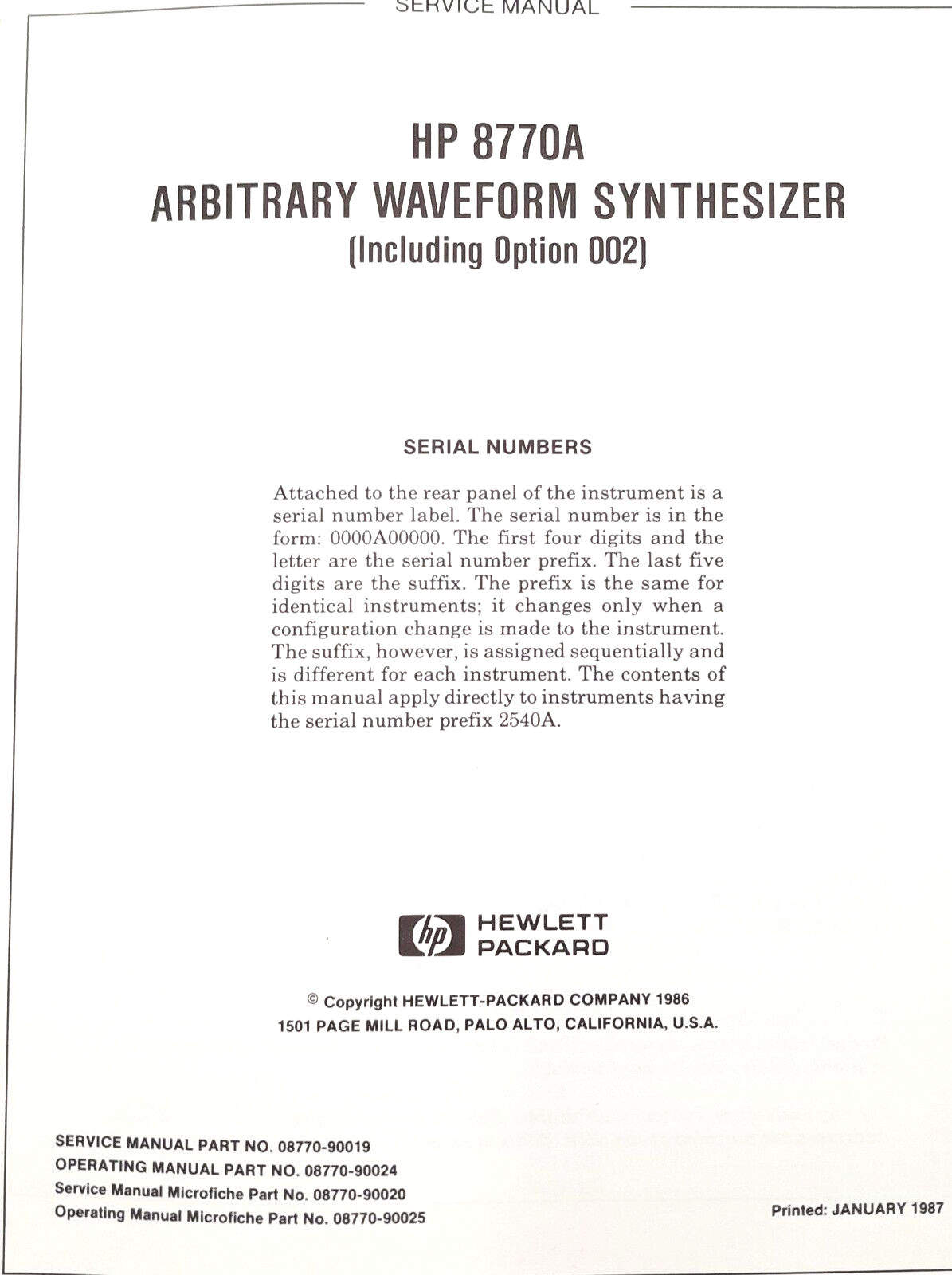 HP 8770A ARBITRARY WAVEFORM SYNTHESIZER SERVICE MANUAL