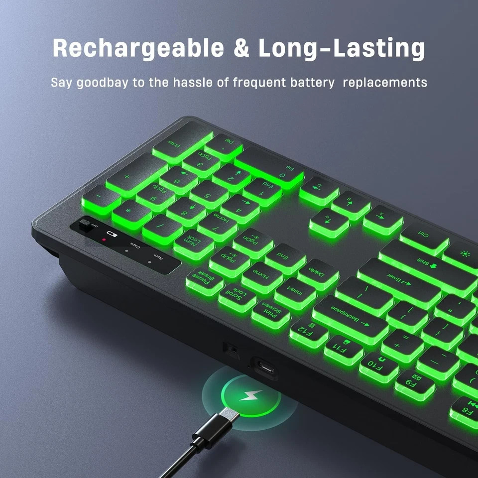 Backlit Wireless Keyboard, 2.4G Silent Wireless Light Up Keyboard, Full Size ...