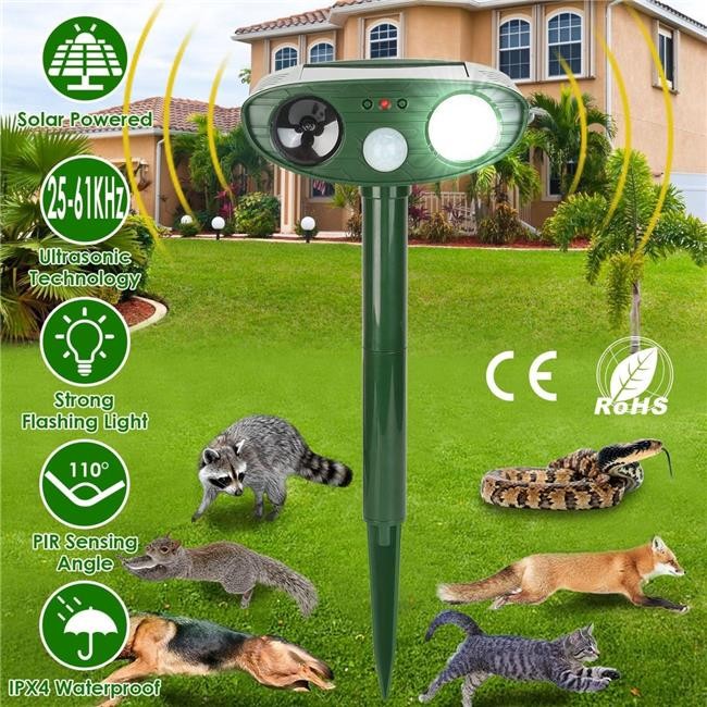 Solar Ultrasonic Animal Repeller with PIR Sensor & Flashing Light - IPX4 - Gr...