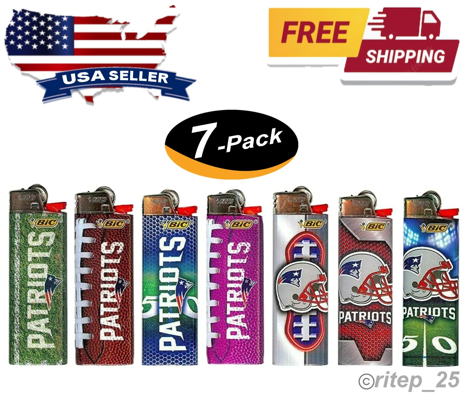 (7 Lighters) BIC England Patriots Cigarette Lighters NFL Collectable Designs