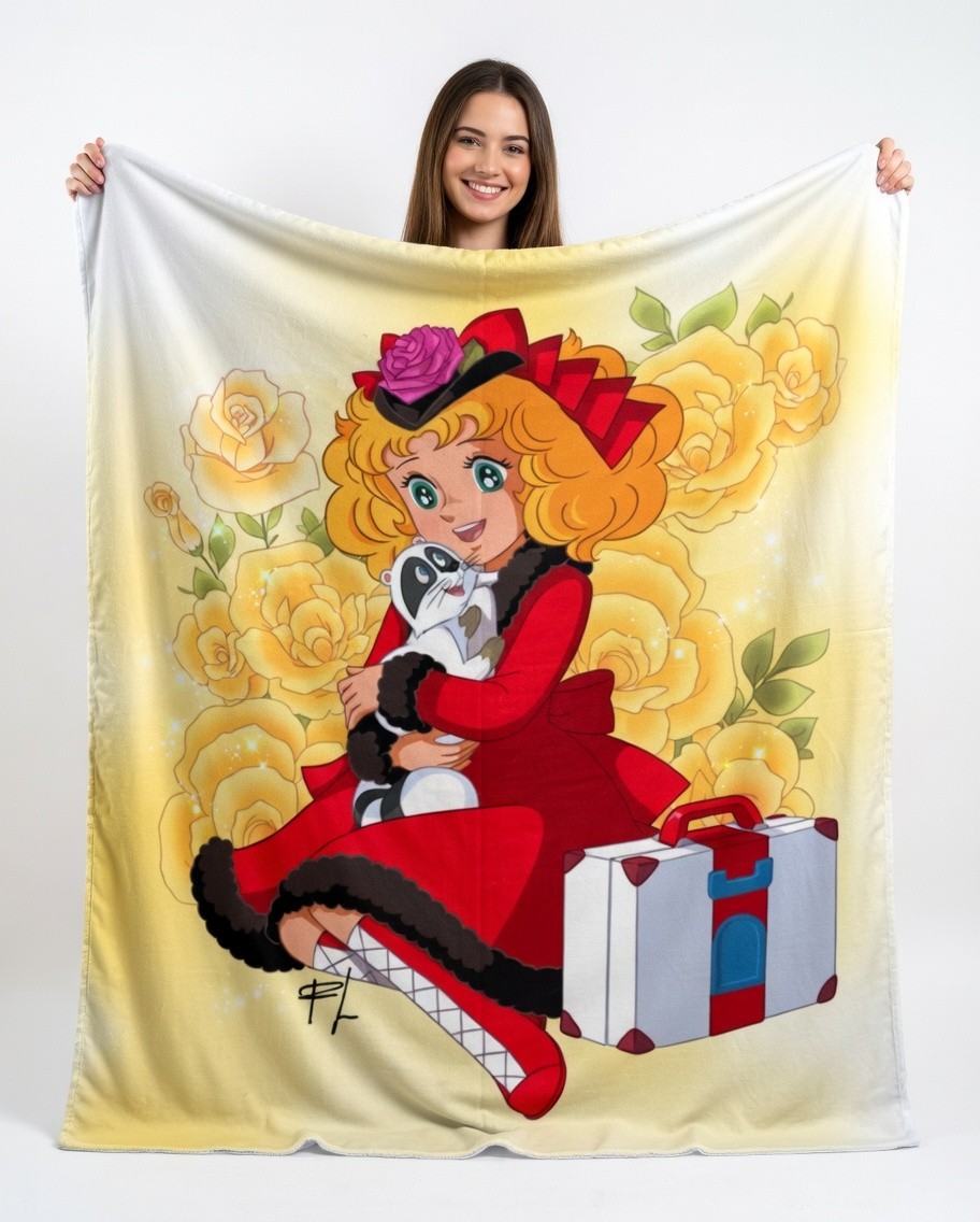 Retro 70s Anime Style Cute Girl Flannel Blanket Vintage Shoujo Art Throw