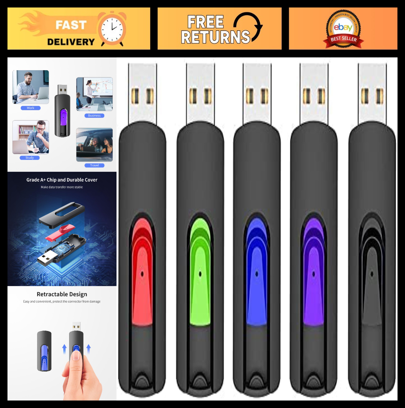 32GB USB Flash Drive 5 Pack - USB 2.0 Memory Stick Thumb Drives for PC & Laptop