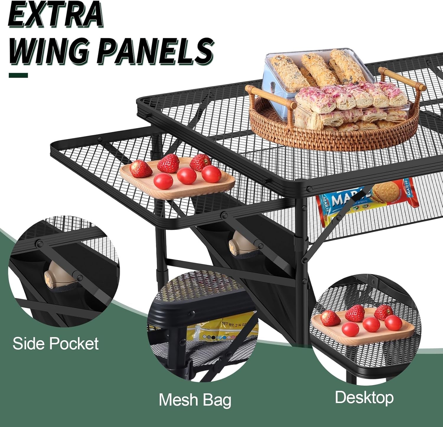 Folding Camping Table – 3x2FT with Mesh Desktop & Adjustable Wings, Black