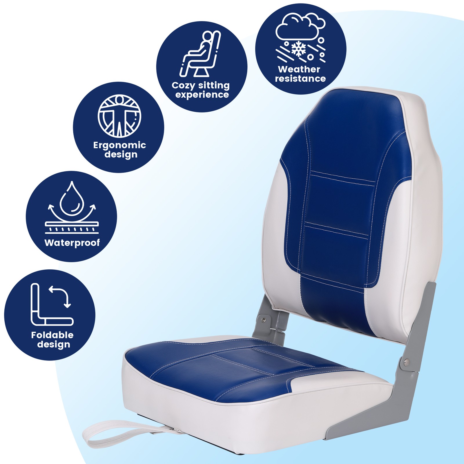 Garvee 2 Pack High Back Folding Boat Seats Thick Sponge Padding PVC Blue White
