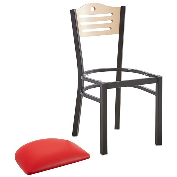 Slat Back Metal Restaurant Chair With Red Vinyl Seat & Natural Wood Back