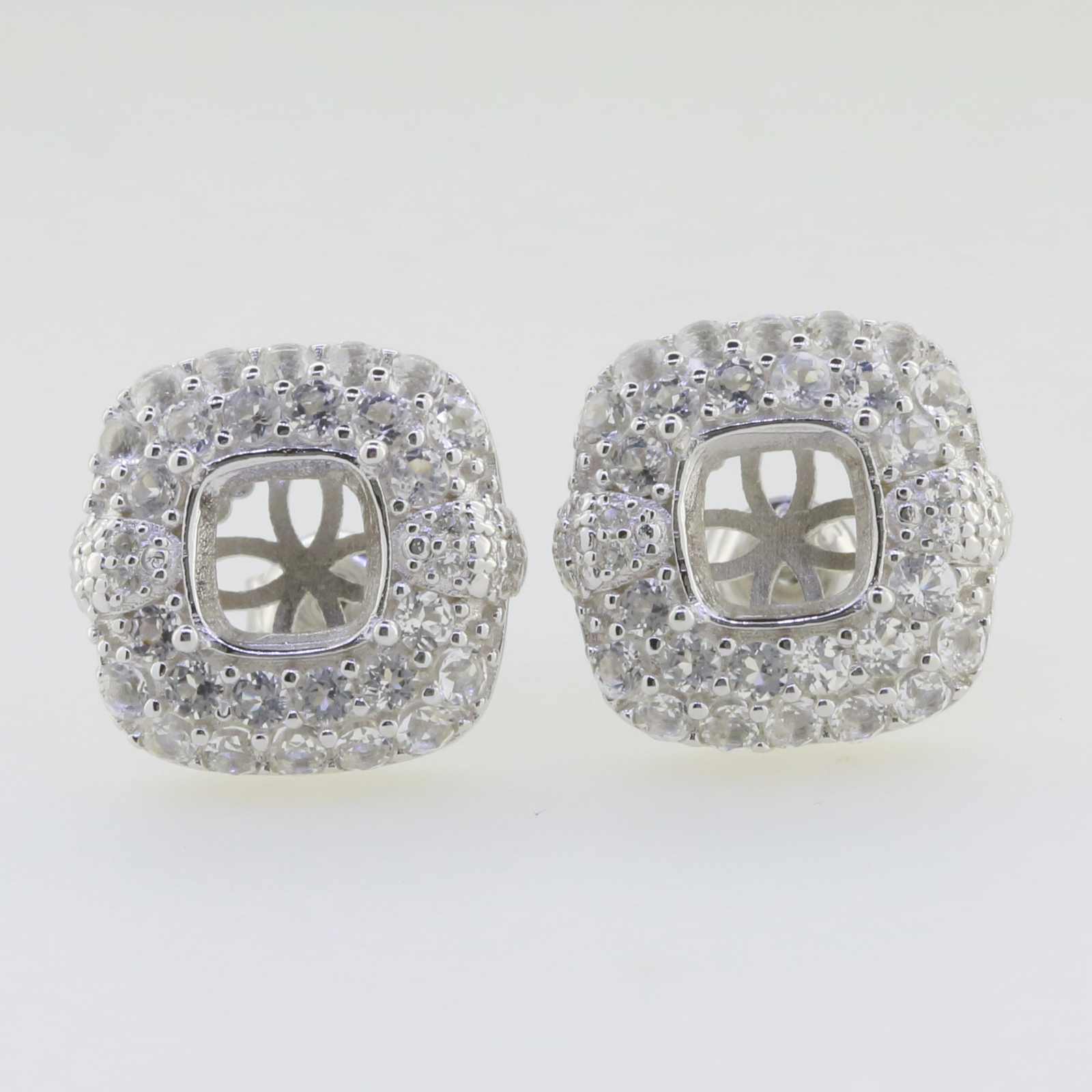 Sterling Silver Semi Mount Earrings Setting Cushion CU 7x7mm Stud Double Halo