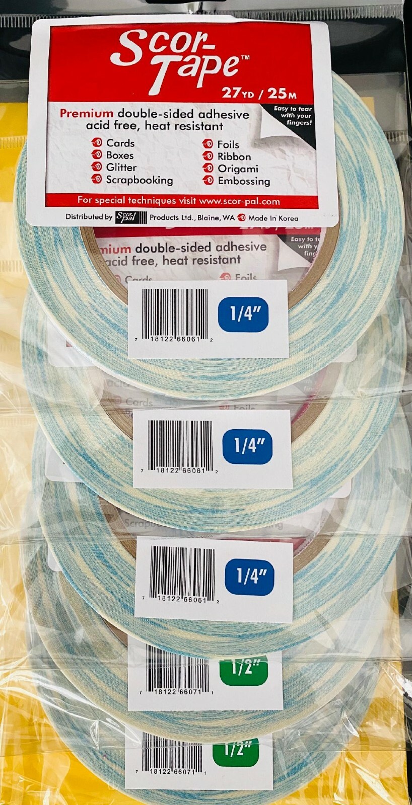 VALUE TIME! 3 x 1/4" & 2 x 1/2" x 27yds Each Scor-Pal Tape  ~  FREE SHIPPING!!!