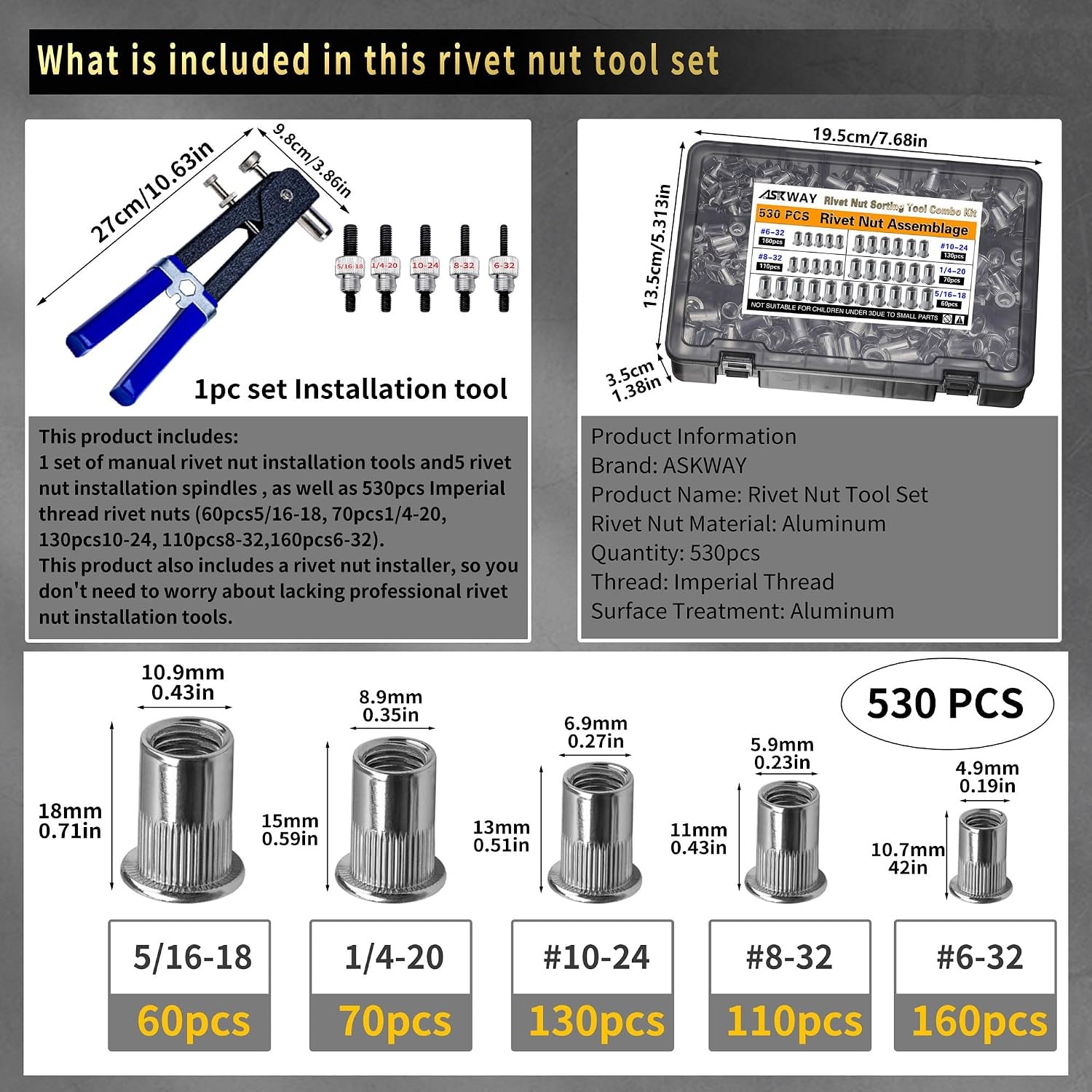 SAE Pressure Rivet Nut Tool Kit 530pcs, inch Rivet Nut Combination