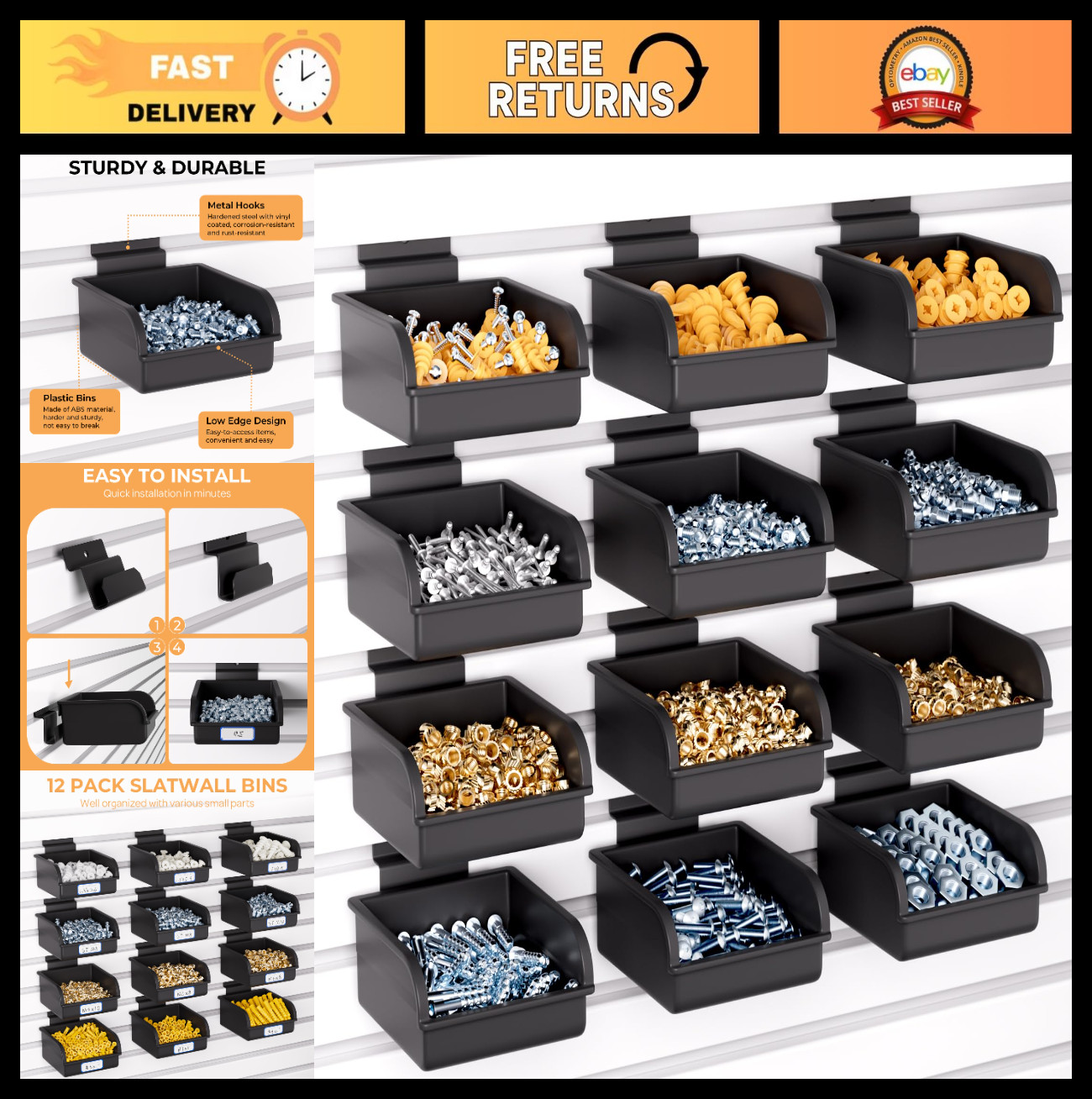 12 Pack Slatwall Bins with Hooks - Plastic Storage Containers for Garage, Craft,
