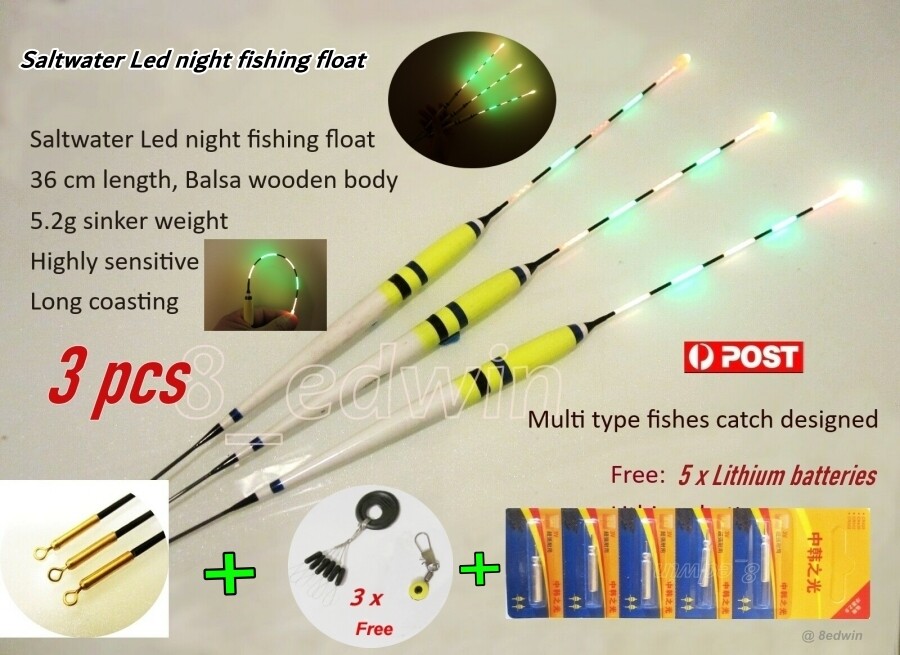 3x Saltwater LED Night Fishing Floats Garfishes Warehou slimies Yellow Tail