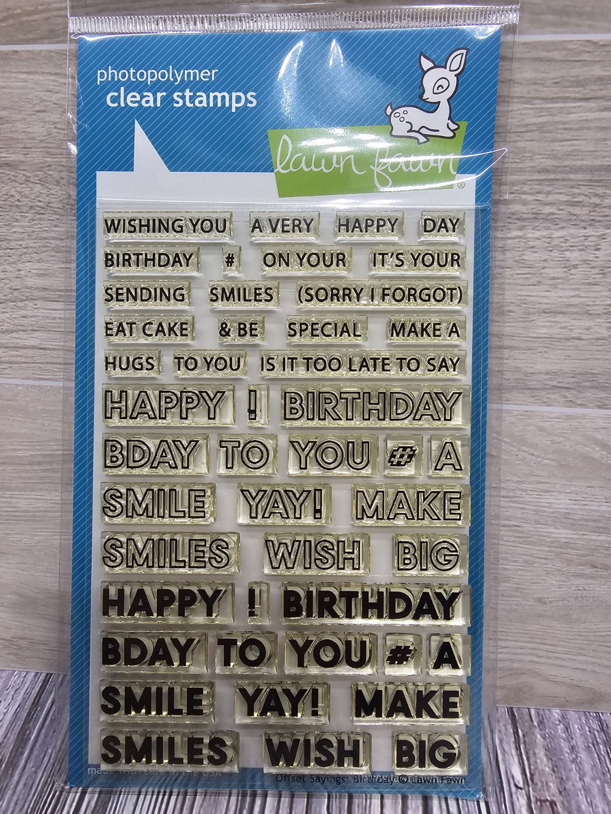 Lawn Fawn OFFSET SAYINGS: BIRTHDAY photopolymer stamp set LF2235 SMILE LATE