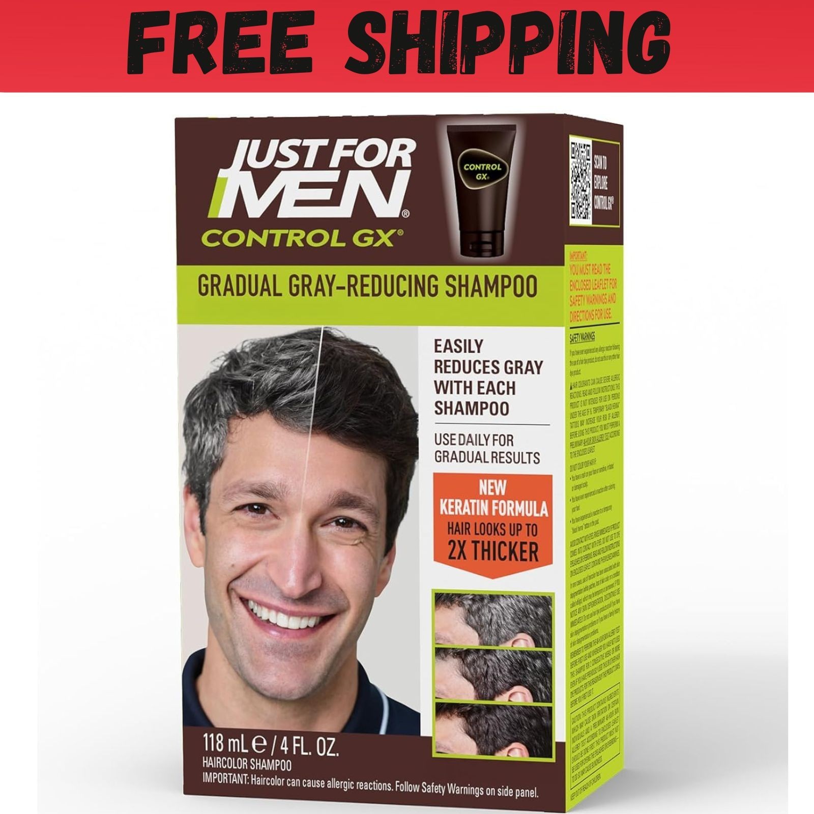 Just For Men Control GX Grey Reducing Shampoo, Gradually Colors Hair, 4 Ounce