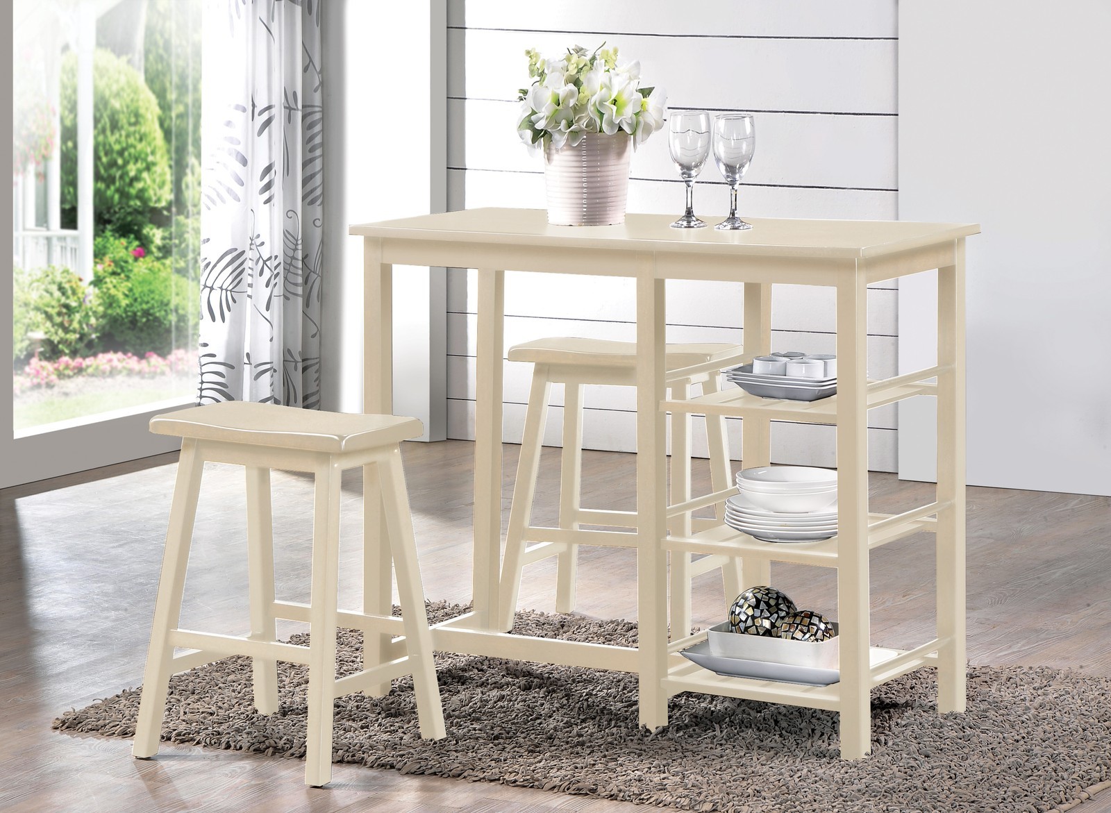 3PC Counter Height  Set Buttermilk Cream Table 2 Stools Breakfast Nook
