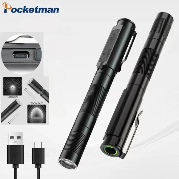 LED Flashlight USB Rechargeable Pen Light Zoom Waterproof Small Torch