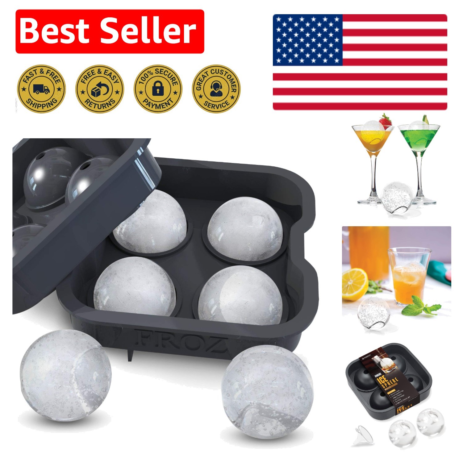Silicone Ice Sphere Tray - Makes 4 Stylish 4.5cm Ice Balls for Any Drink