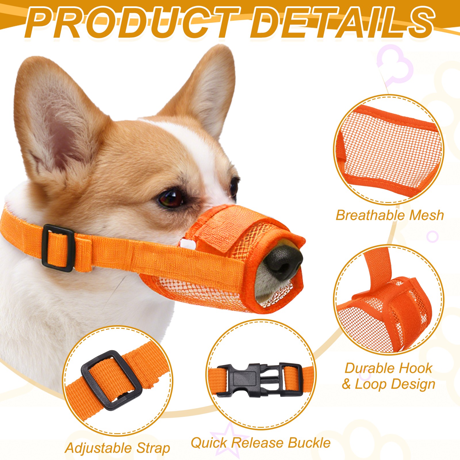 Dog Muzzle, Soft Mesh Muzzle Mouth Guard Cover(Orange, M)