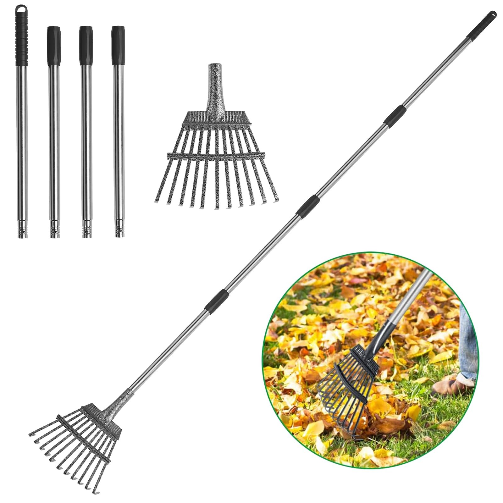 GreatBuddy Adjustable Leaf Rake, 8'' Wide Metal Rake, Perfect for Shrub, Flow...