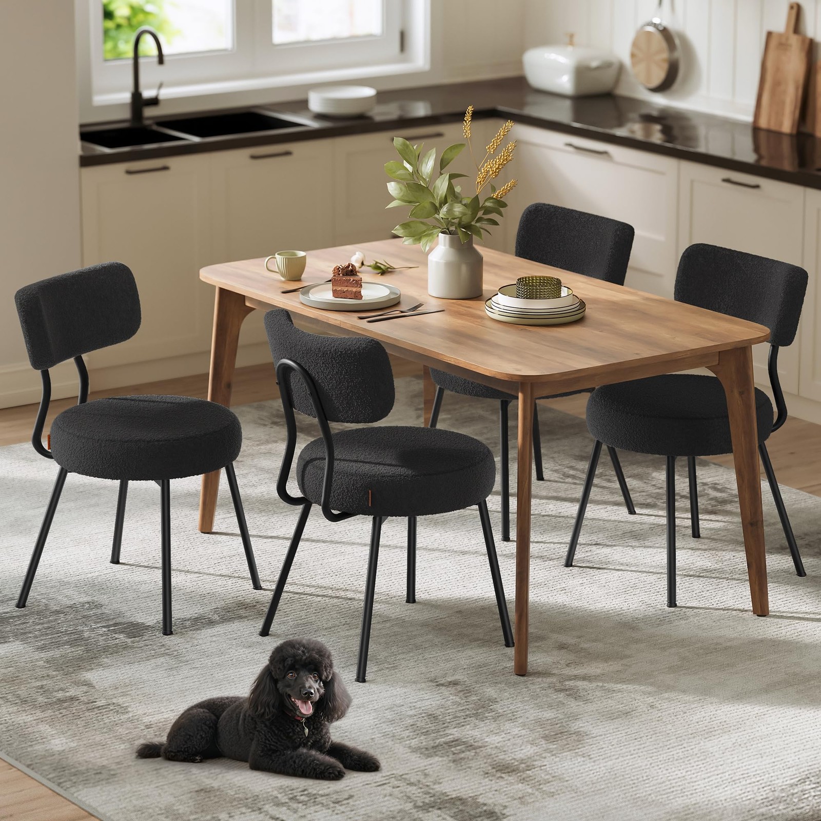 Boucle Dining Chairs Set of 4, Upholstered Kitchen Dining Room Chairs with Cu...
