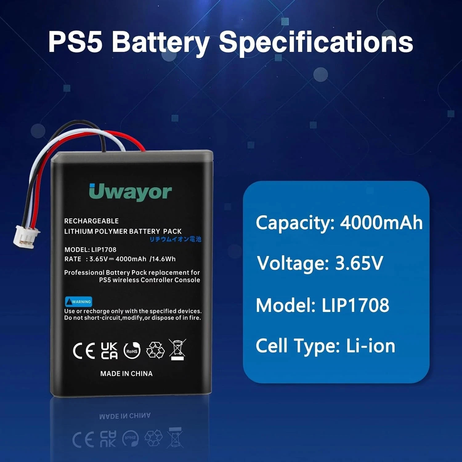 PS5 Controller Battery, 4000mAh LIP1708 PS5 Battery Replacement 2 Pack for Sony