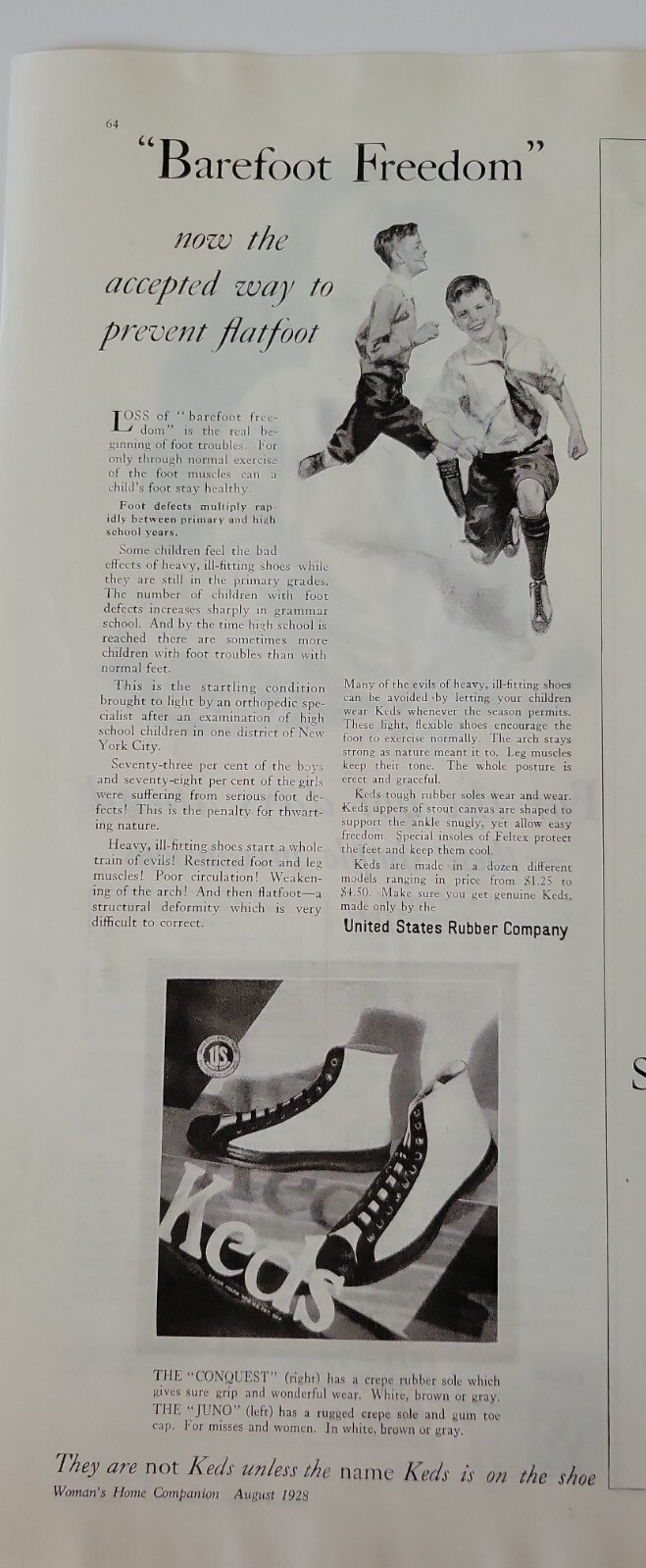 1928 boys KEDS hightop athletic  sneakers tennis shoes barefoot freedom ad