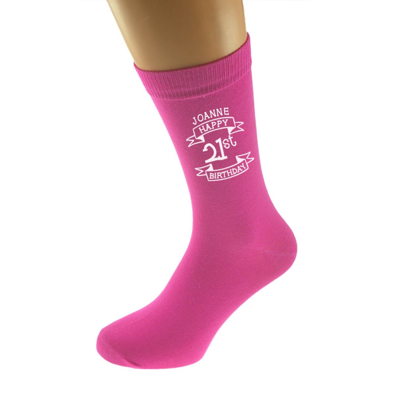 Personalised Happy 21st Birthday Scroll Design Hot Pink Socks UK 3.5-7.5