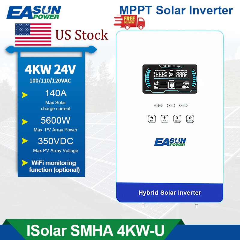 4KW Solar Inverter On Grid AC 120V/240V MPPT 24V 140A Parallel BMS US-Stock