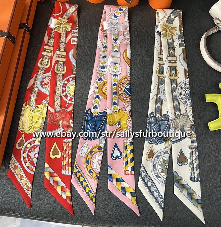 Sallys 18 Momme Twill Silk Scarf Ribbon Belt Feather Print Bag Neck Tie 33" * 2"