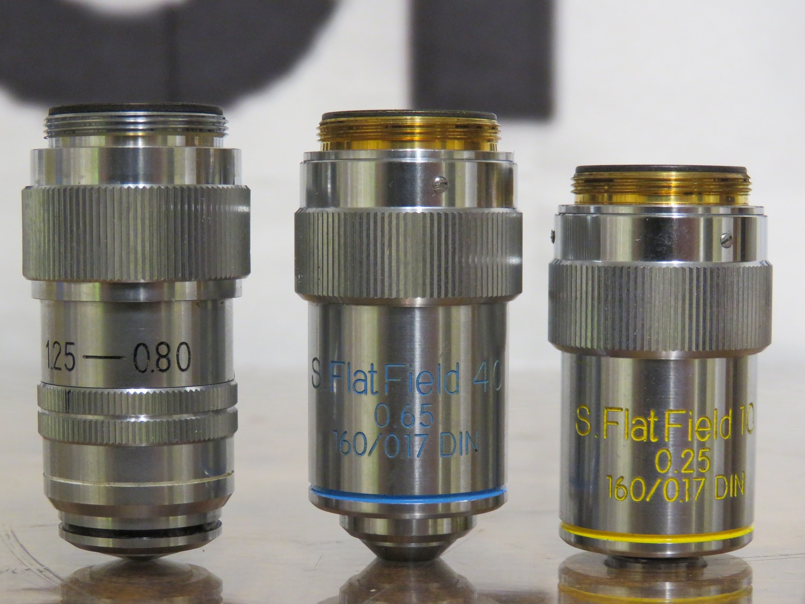 (3) Microscope Objectives Meiji S. Flatfield 10 and 40 & S. Plan 100X